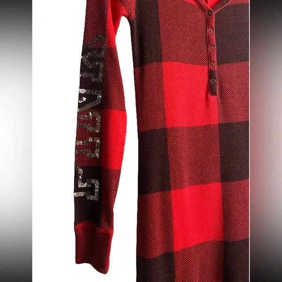 Victoria's Secret PINK Red Buffalo Plaid Holiday Union Suit Pajama Sequin Sz XS - Picture 5 of 10